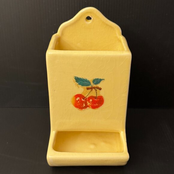 Vtg Porcelain Wall Mount Match Box Holder Stick Matches Yellow Red Cherries Deco - Picture 1 of 7